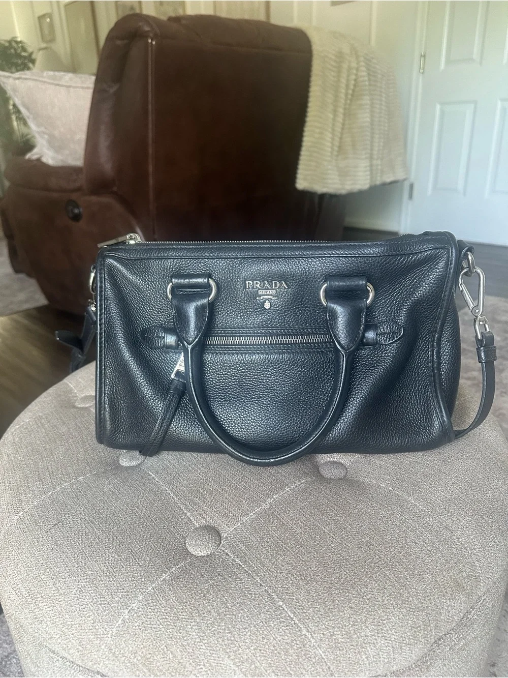 Prada Black Pebbled Leather Messenger Bag with Silver-Tone Hardware